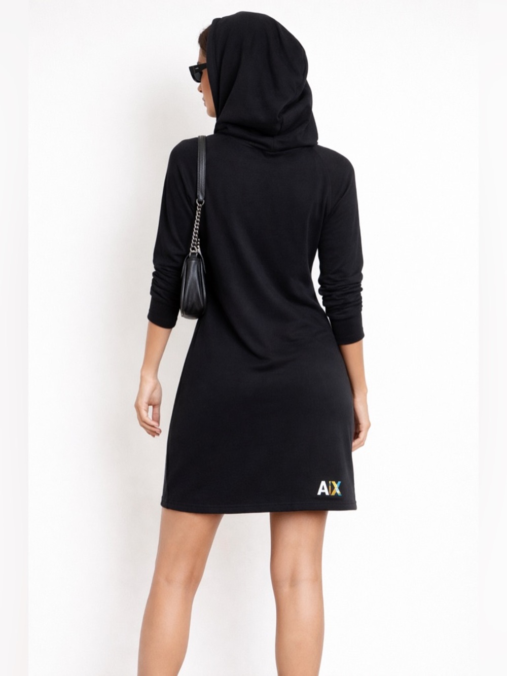 A|X Armani Exchange Black Hooded Dress Sporty Chic Fitted Casual Streetwear M - Picture 2 of 6